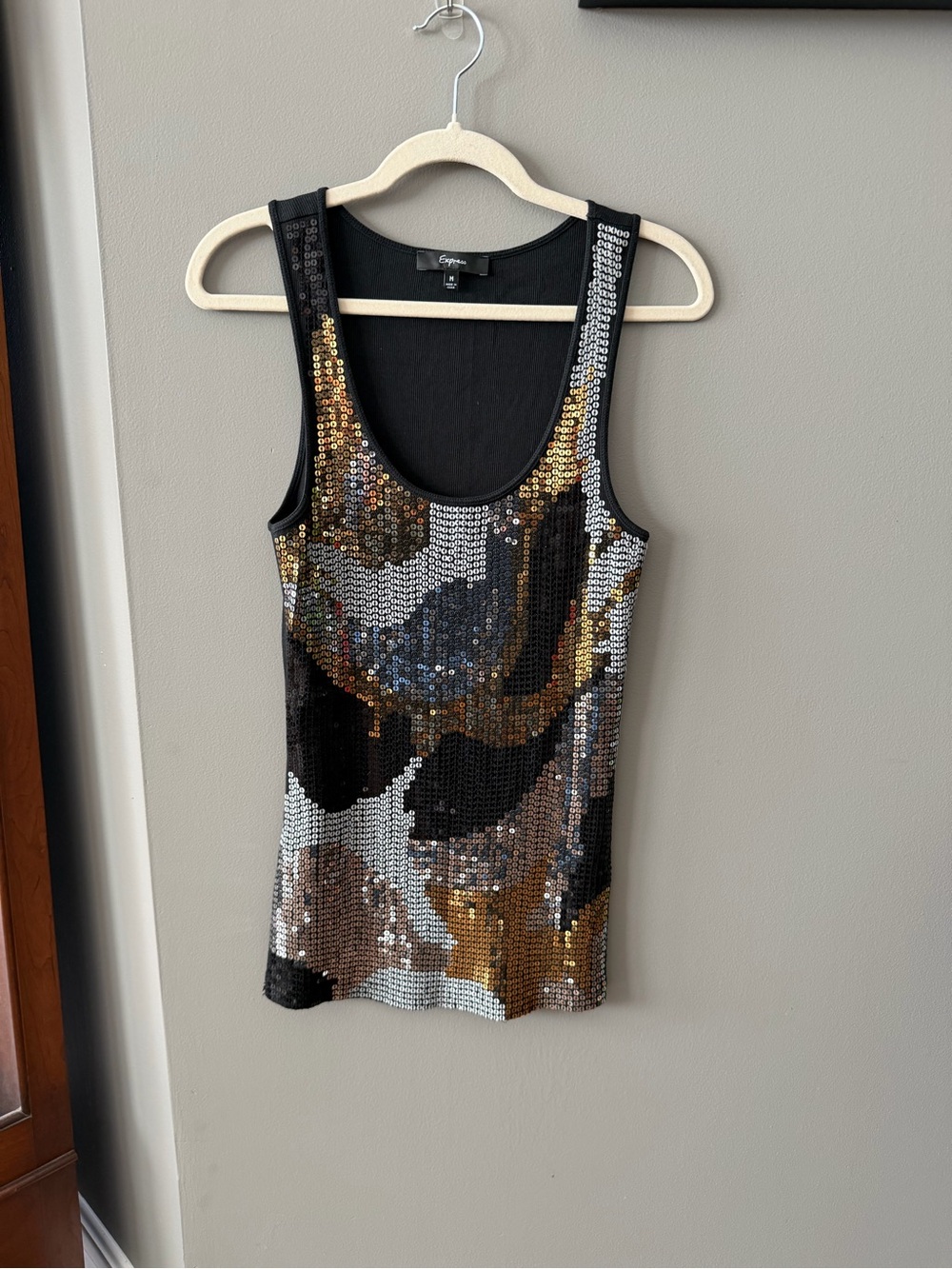 Express Sequin Tank Top - Black Gold & Silver Accents. Like New. Medium